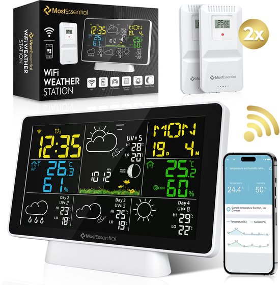 MostEssential Weerstation Wifi Edition - Plug & Play Installatie - Draadloos - Weerstation met Buitensensor - Hygrometer - Binnen en Buiten - 150 Meter Bereik - Inclusief App - Wit - 2 sensors