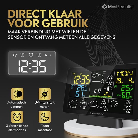 Zwart weerstation met kleurenscherm, toont tijd, temperatuur, vochtigheid, UV en maanfase. Iconen voor automatische dimming en alarm.
