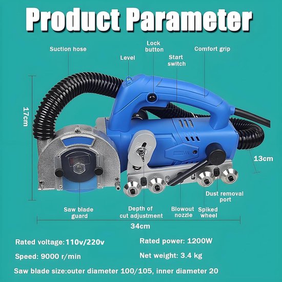 Elektrische Voegenreiniger - Tegelreiniger - Voegen Reinigen - Krachtige 1200W Motor - 100mm Bladdiameter - Grijs — afbeelding 2