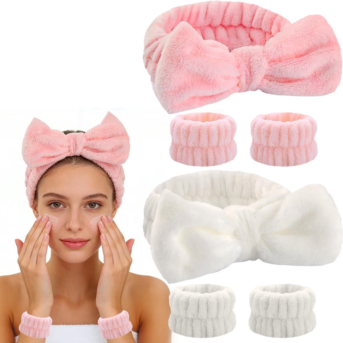 Set van Haarband en Polsbanden voor Gezichtsverzorging, Zachte Absorbente Haarband en Polsbanden voor Dames, Ideaal voor Make-up en Reiniging