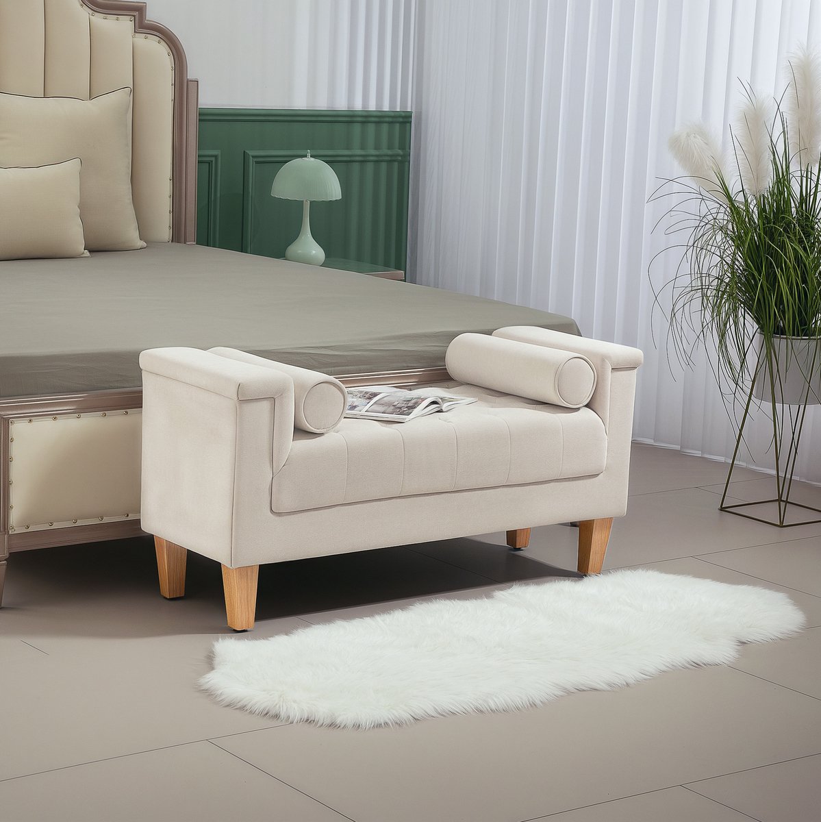 MIVRAY Zitbank – Vintage Design Met Chenille Bekleding En Armleuningen – 115 x 44 x 58 cm – Hout En Polyester – Beige – Voor Slaapkamer Hal En Woonkamer