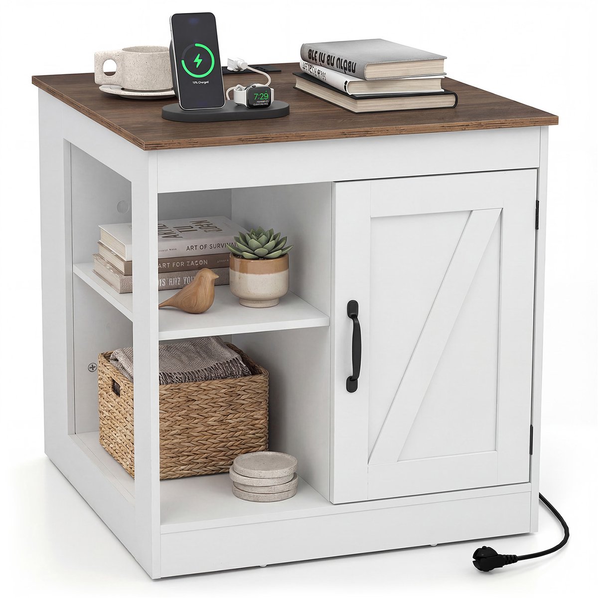COSTWAY Nachtkastje met oplaadstation, bijzettafel met verstelbaar schap, open vakken, kast, houten nachtkastje, banktafel voor woonkamer, slaapkamer (Wit + Natuur)