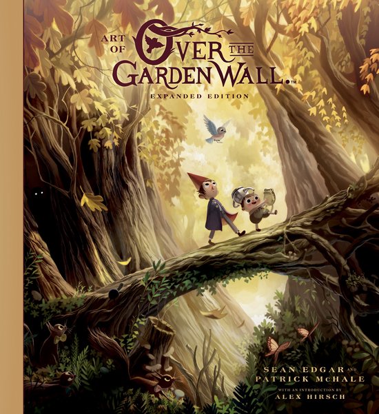 De 'Art of Over the Garden Wall: Expanded Edition' met Wirt, Greg en de kikker op een boomstronk in een bos, met de titel bovenaan.