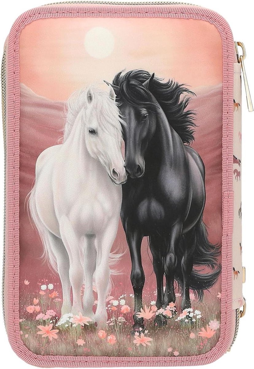 Gevulde Etui - Tekentas Pennenhouder - Schoolbenodigdheden Organiseren - Drie Vakken - 20 x 13 x 7.5 cm - Roze