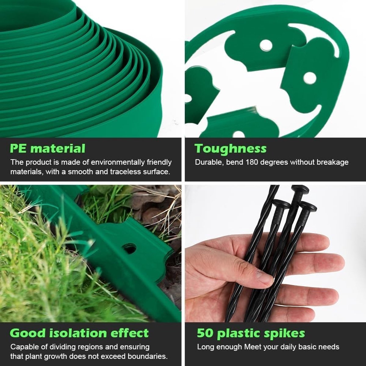 Flexibele Tuinrand van 10 m met 50 Haringen, Ideaal voor Gras en Bestrating, Hoogte 5 cm, Dikte 4 mm, Groen