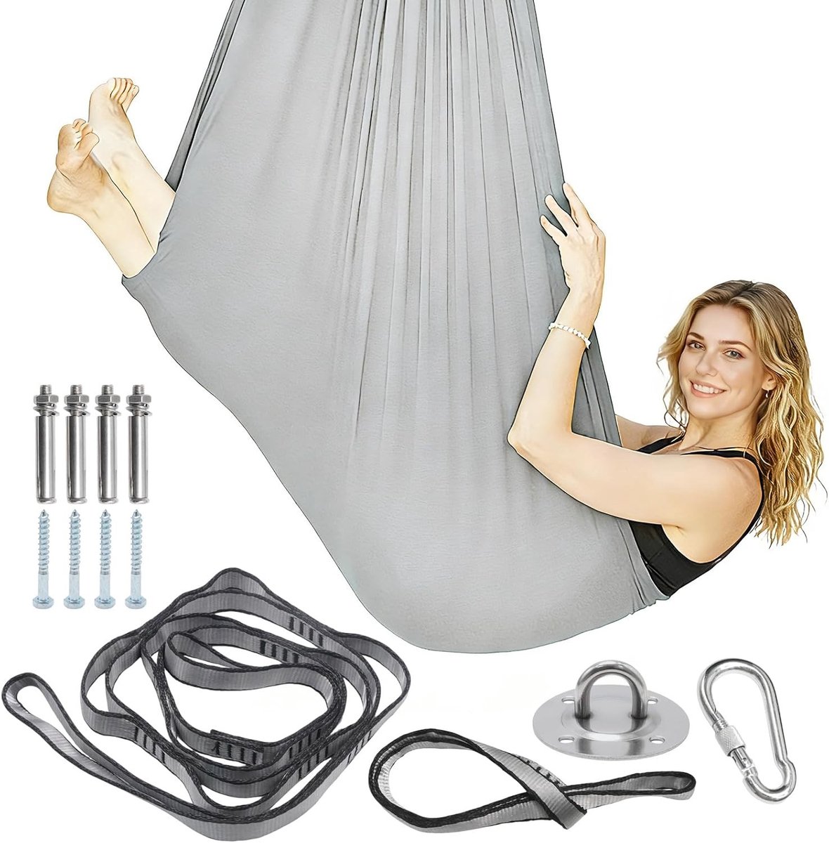 Yoga-hangmat in grijs met roestvrijstalen schijven en schroeven, 280 × 150 cm, ideaal voor schommelen en outdooractiviteiten, comfortabel en duurzaam