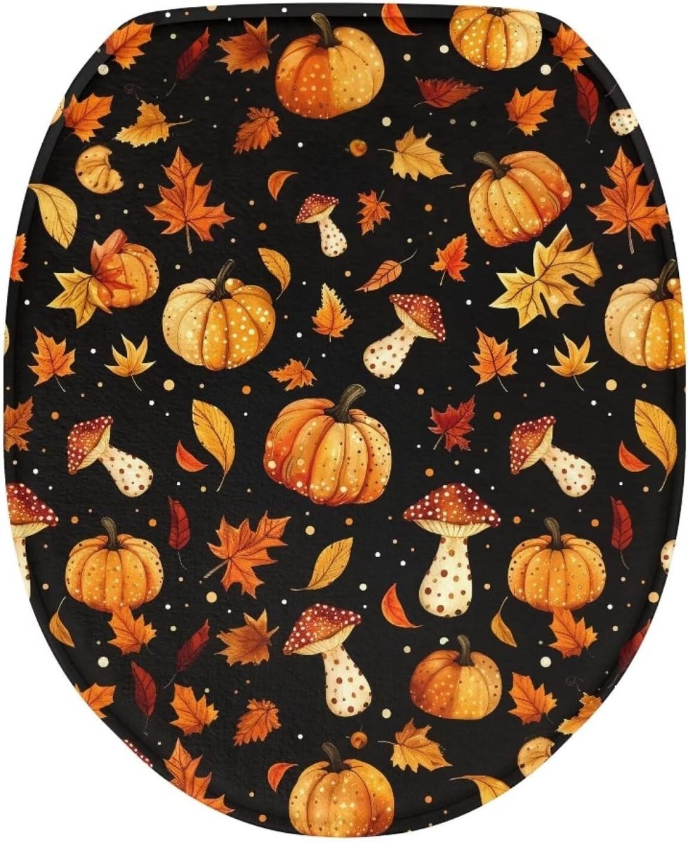 Herfst Decor Toiletbrilhoes met Pompoen en Paddenstoel Print - Warmte-isolerende Badkamer Accessoire, Elastische Onderkant voor Standaard Toilet en Sfeervolle Slaapkamer Decoratie