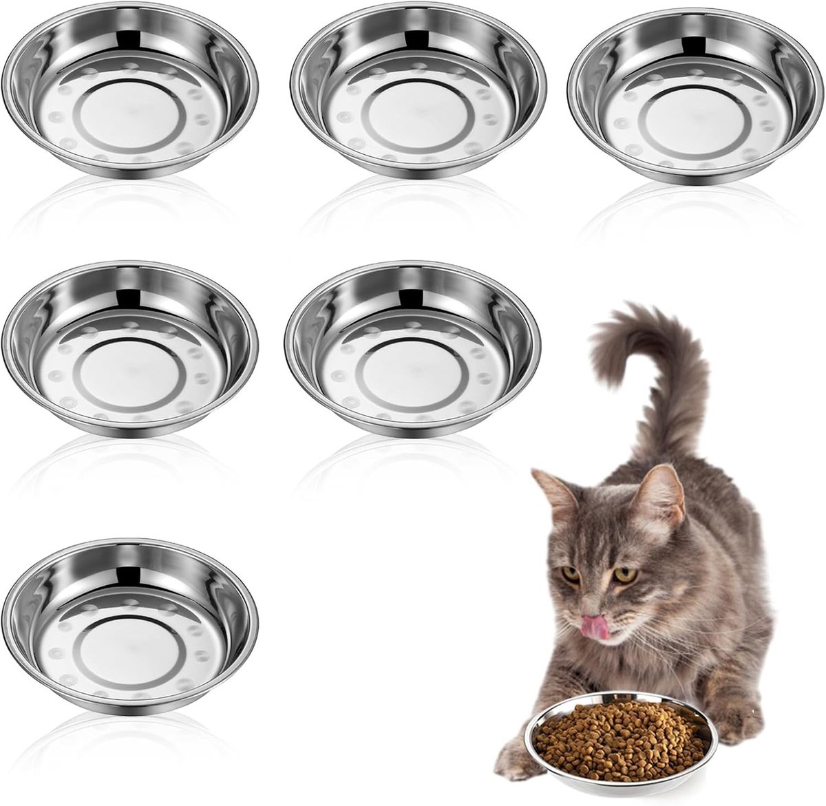 Set van 6 RVS Voerbakken voor Katten en Honden - 16 cm, Duurzaam en Antislip Ontwerp voor Kleine Huisdieren