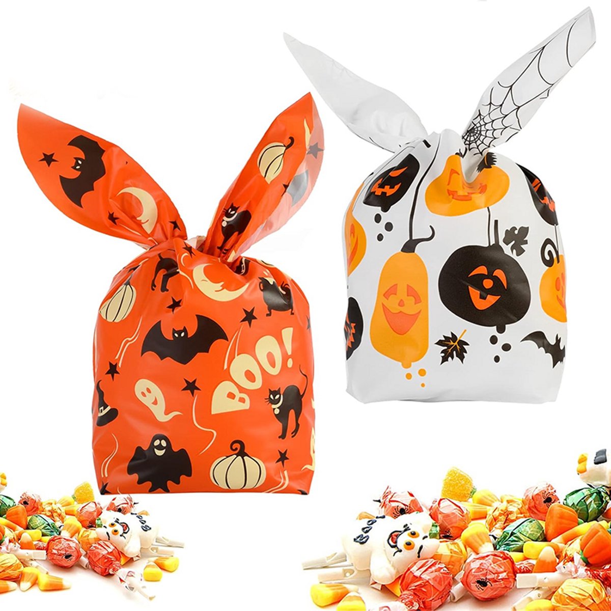 Halloween snoepzakjes - 100 stuks - 14*23 cm - Halloween snoepverpakkingen - Koekjes- en snackzakjes - Schattige cadeauzakjes met konijnenoortjes - Plastic cadeauzakjes voor Halloweenkoekjes - Halloween feestdecoraties -A