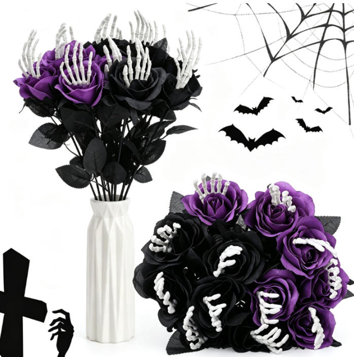 Halloween rozen kunstbloemen - Kunstrozen met skelet han - Boeketten die geschikt zijn als decoratie voor op het bureau - Halloween decoraties - zwart/paarse - 12 stuks