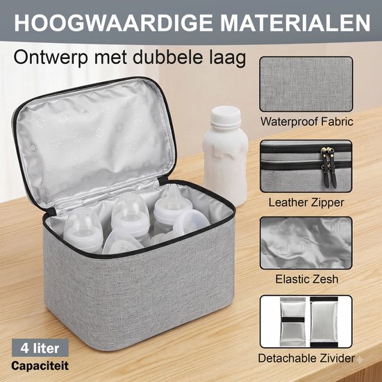 Waxels® Kolftas met Koelelement - Borstvoeding Koeltas - Moedermelk Bewaartas - Waterdichte Thermotas - Baby Fles Organizer - Grijs — afbeelding 4