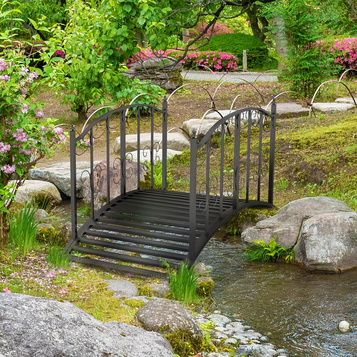 COVREO Tuinbrug 119 cm zwart staal, met reling en bloemenpatroon, 120 kg