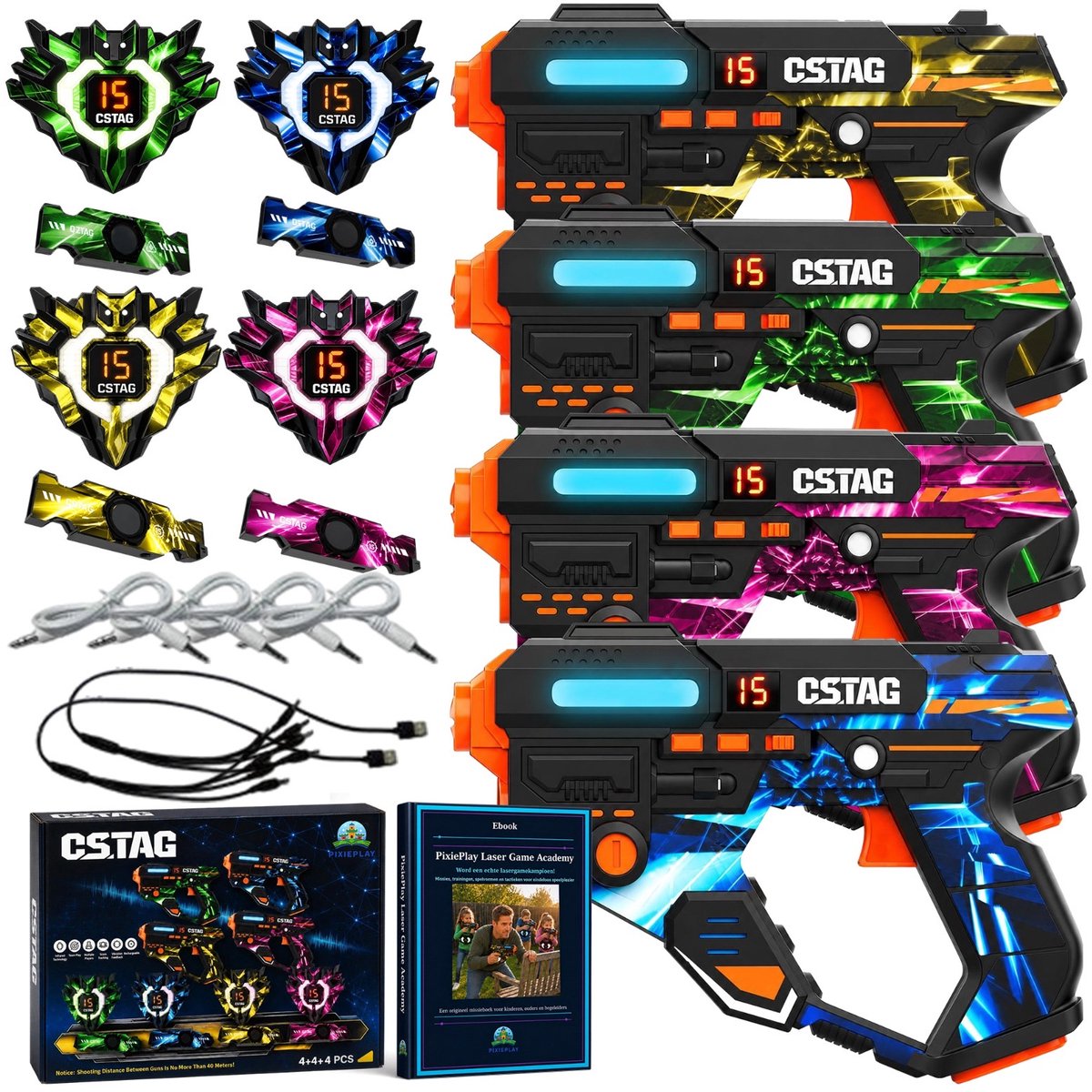 PixiePlay® Oplaadbare Lasergame set voor Kinderen - 360° sensoren - Volwassenen - Laserguns - 4 Persoons Laser Tag Set met 4 Blasters en Vesten - Incl. E-book - voor Binnen en Buiten