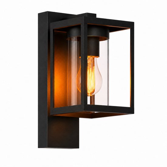Applique murale extérieure noire carrée avec cylindre en verre et ampoule Edison E27 visible.