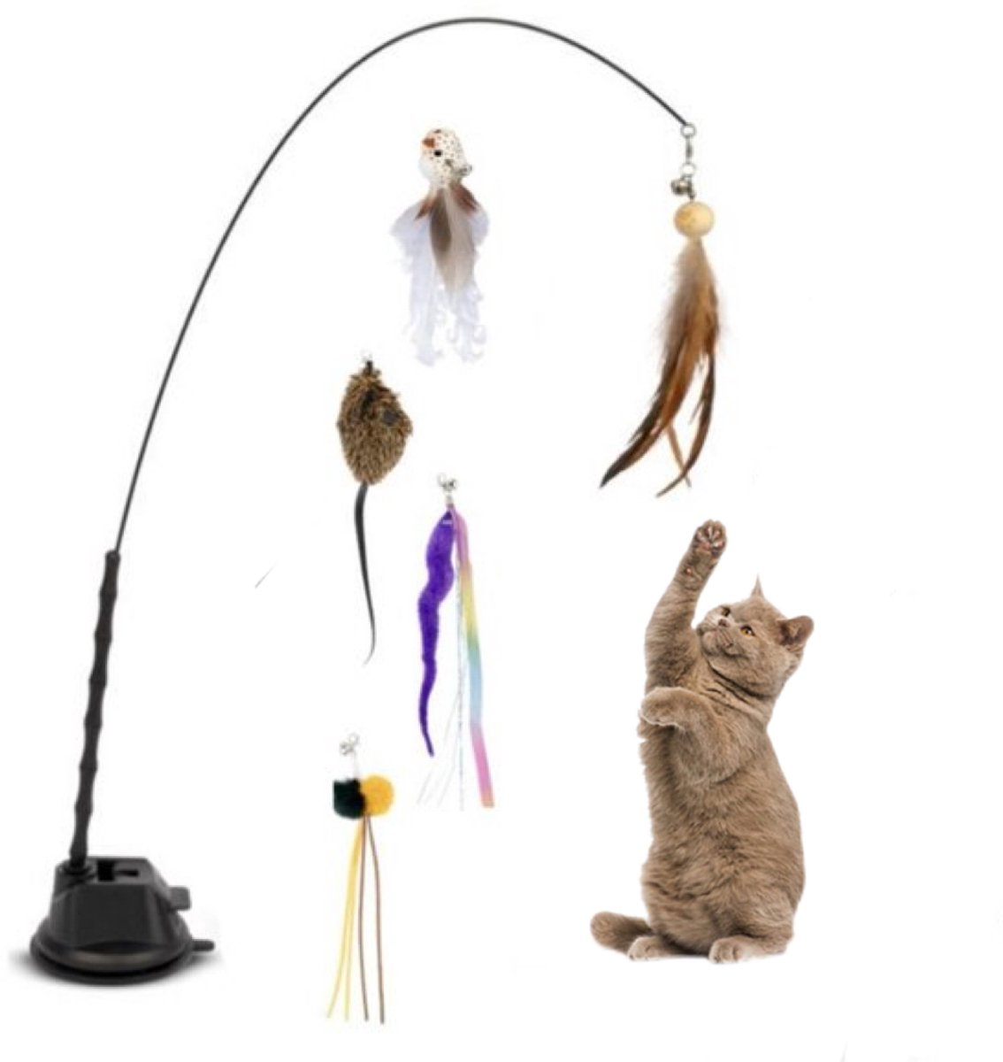 7-delige Kattenhengel Speelgoed met Sterke Zuignap, Interactief Katten Speelhengel Set met Verwisselbare Veren Accessoires, Zelfspeel Speelgoed voor Binnenkatten
