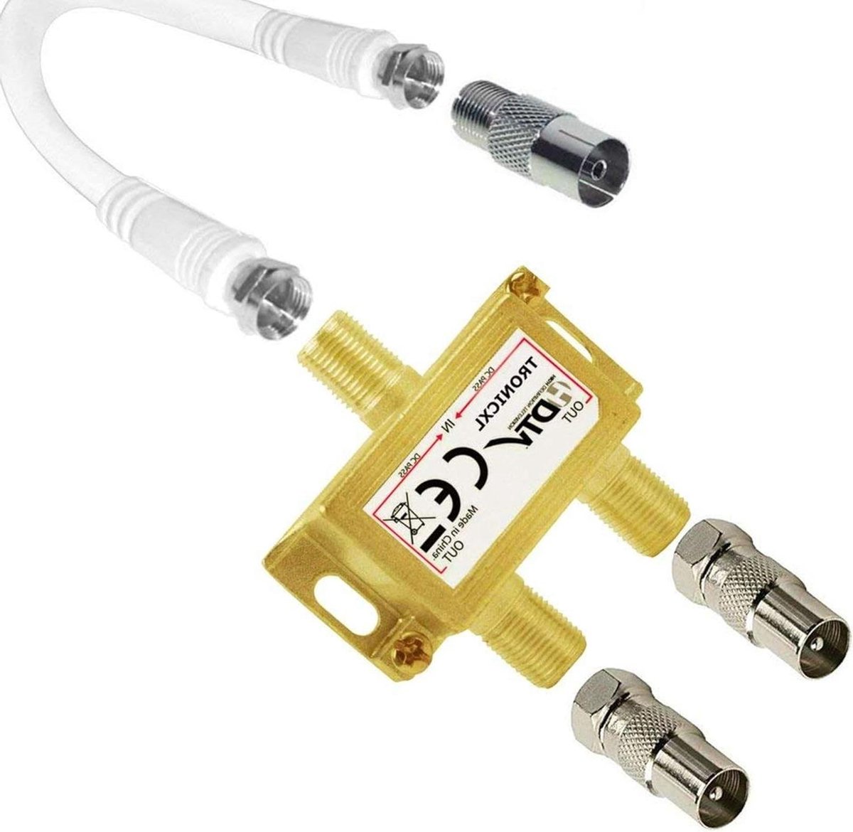 Antenneverdeler 2-voudig - TV splitter coax - Kabeltelevisie kijken - Met F-aansluitkabel en adapters - 5-2250 MHz - Goud