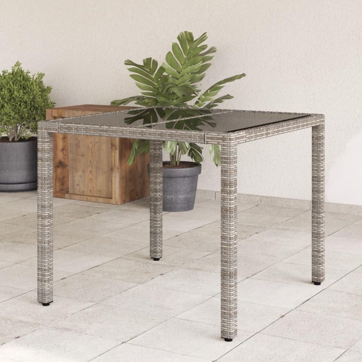 Tuintafel met glasplaat - Eettafel buiten - Buiten dineren - Gehard glazen blad - 90x90x75 cm - Grijs