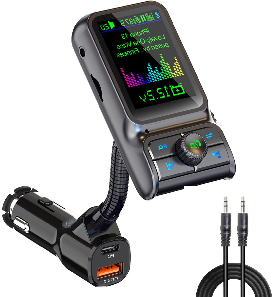 Fokelyi Bluetooth FM Transmitter - Carkit Met Kleurenscherm En Songteksten - 30W Autolader Snellader -FM Zender- MP3 USB Stick En TF-kaart - Spraakassistent