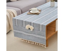 Gestreept, geborduurd linnen salontafelkleed met zakjes en kwastjes, 50 x 160 cm, Geschikt voor een rechthoekige salontafel in de woonkamer.