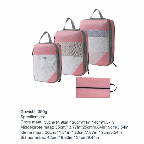 MODFU Compressiezakken voor Kleding - 4 Delige Reis Opbergset met 3 Cubes & 1 Schoenentas - Ruimtebesparend - Lichtgewicht & Duurzaam - Oxford Stof - Roze - 40x30x9 cm — afbeelding 3