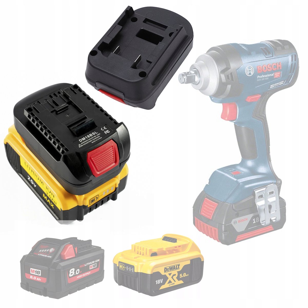 Rosfix Adapter Vervanging DM18BSL - Universele Accu-Adapter met USB 5V 2,1A - Geschikt voor Bosch, DeWalt
