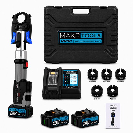 Perstang, koffer, oplader, twee 18V 5000mAh accu's, vier persbekken (TH16-TH32) en handleiding.