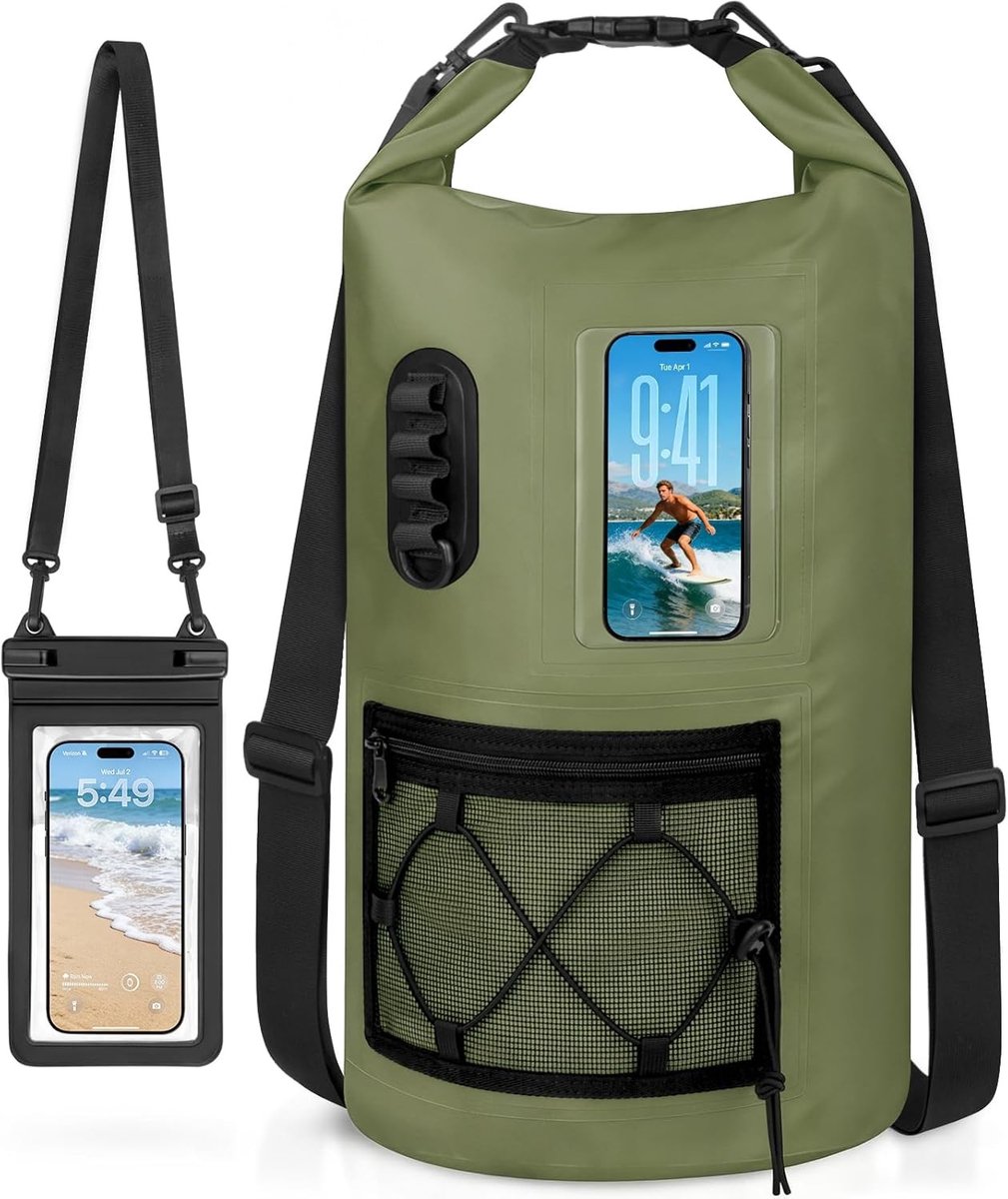 Waterdichte tas voor sup - Olijfgroen - 20 liter - Robuust PVC Dry Bag met Opbergruimte en Telefoonvak - Voor Outdoor en Watersport