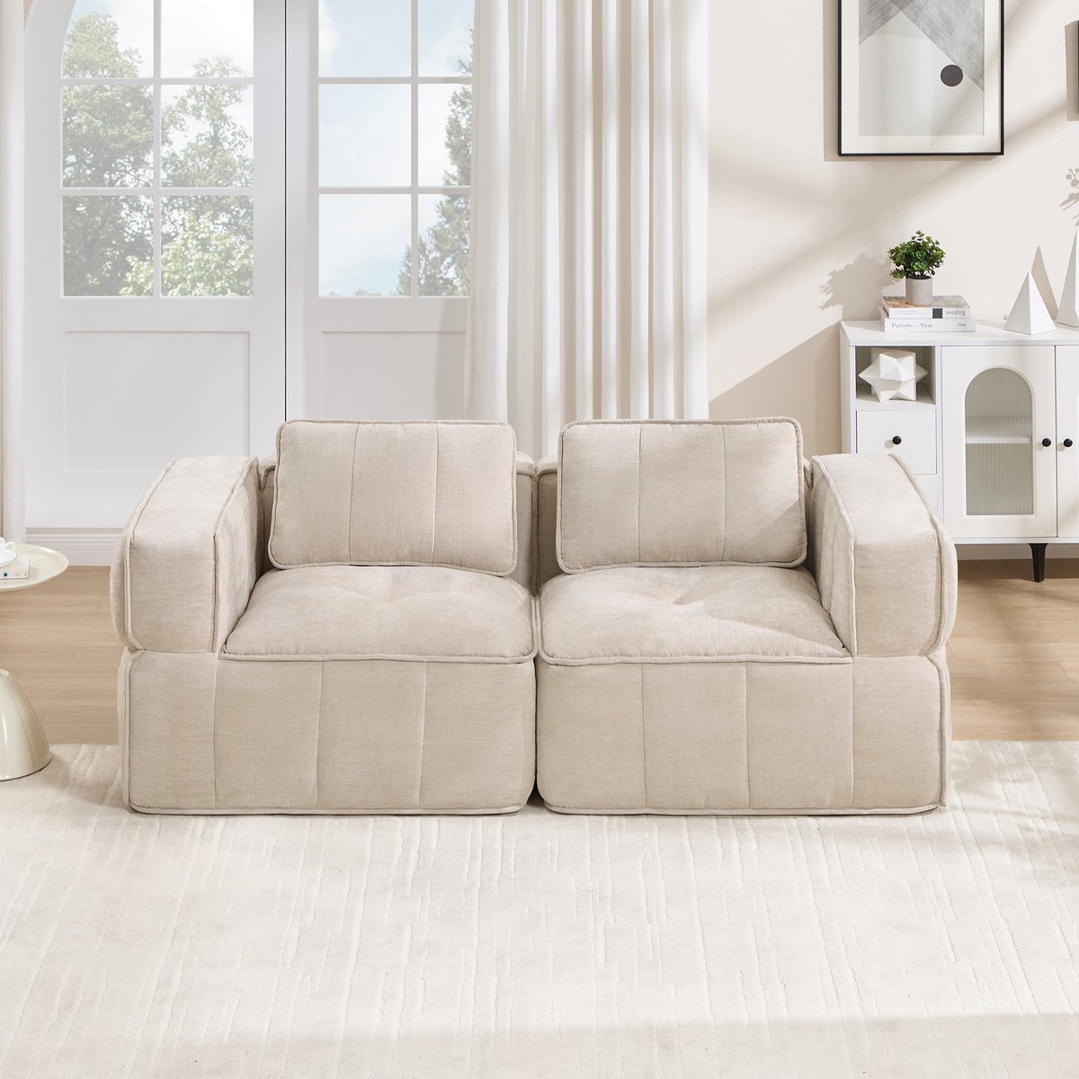 Woonkamer Tweezitsbank, Modulaire Hoekbank Zonder Frame, 32D Schuim Met Hoge Dichtheid, Diepe Zitting, Zachte En Comfortabele Bekleding, Voor Woonkamers En Appartementen, Geen Montage Nodig-Beige