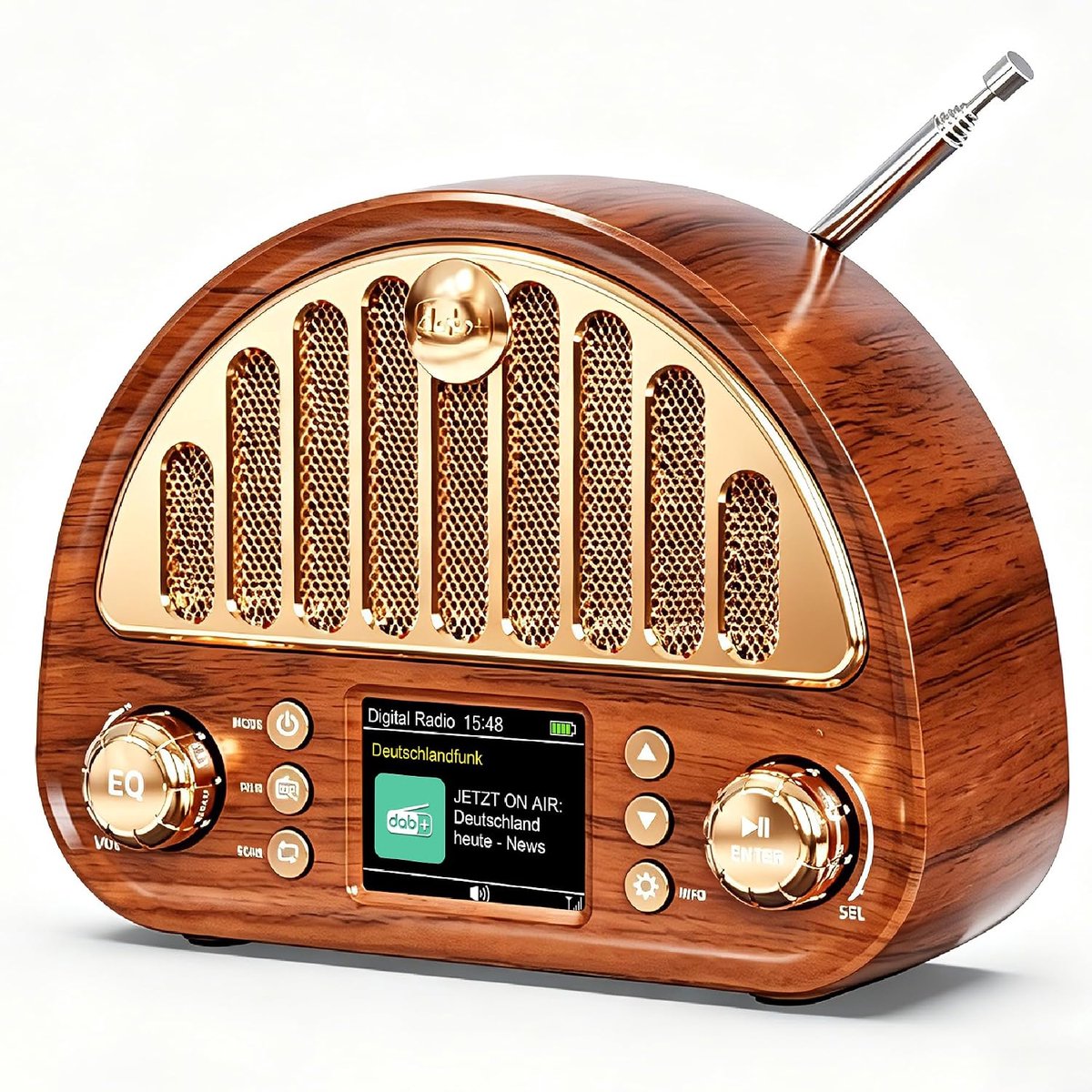 DAB+ radio draagbaar Bluetooth met oplaadbare accu vintage design FM radio wekker 80 voorkeuzezenders AUX MicroSD