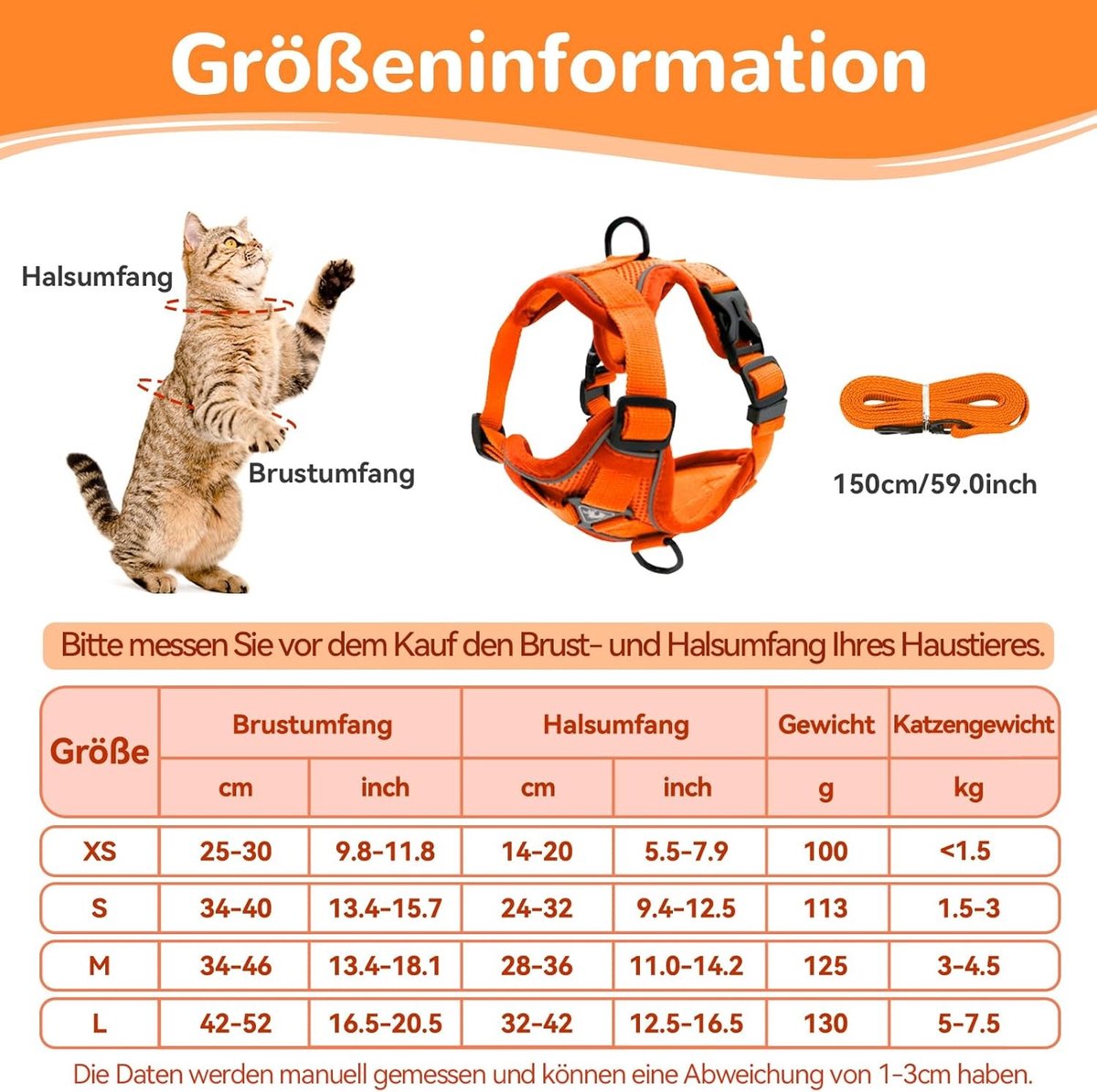 Kattenharnas - Oranje - Medium - Verstelbaar Mesh Borstharnas met Riem - Voor Katten en Kleine Honden