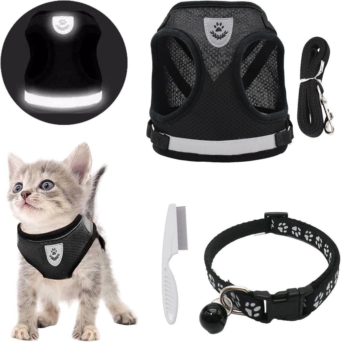 Kattenharnas - Zwart - S - Ademend Mesh Met Reflecterende Strepen - Voor Kitten en Kleine Huisdieren