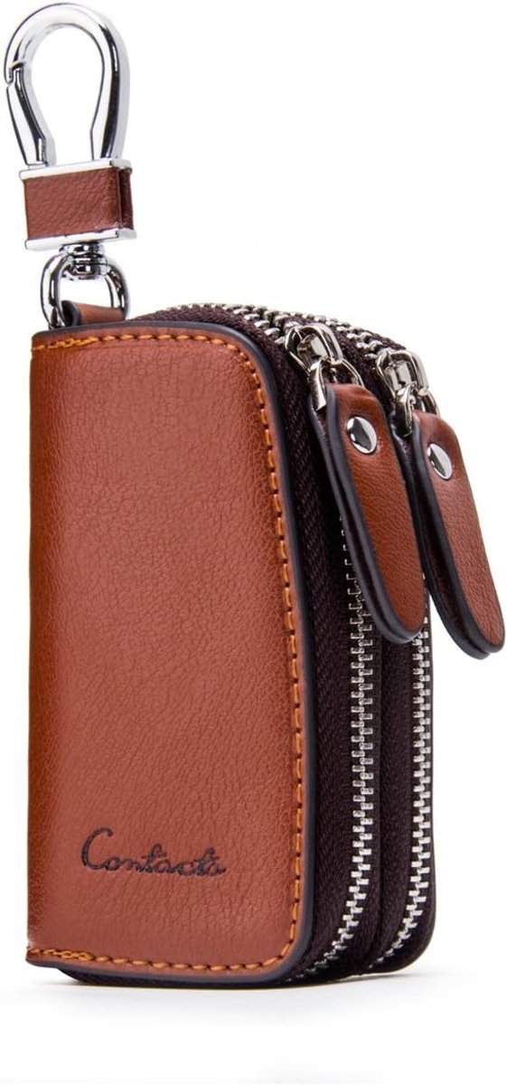 Leren Dubbele Rits Sleuteltas voor Auto Sleutels - Unisex Sleutel Organizer in Zwart en Donkerbruin, Vintage Stijl, Compact Ontwerp