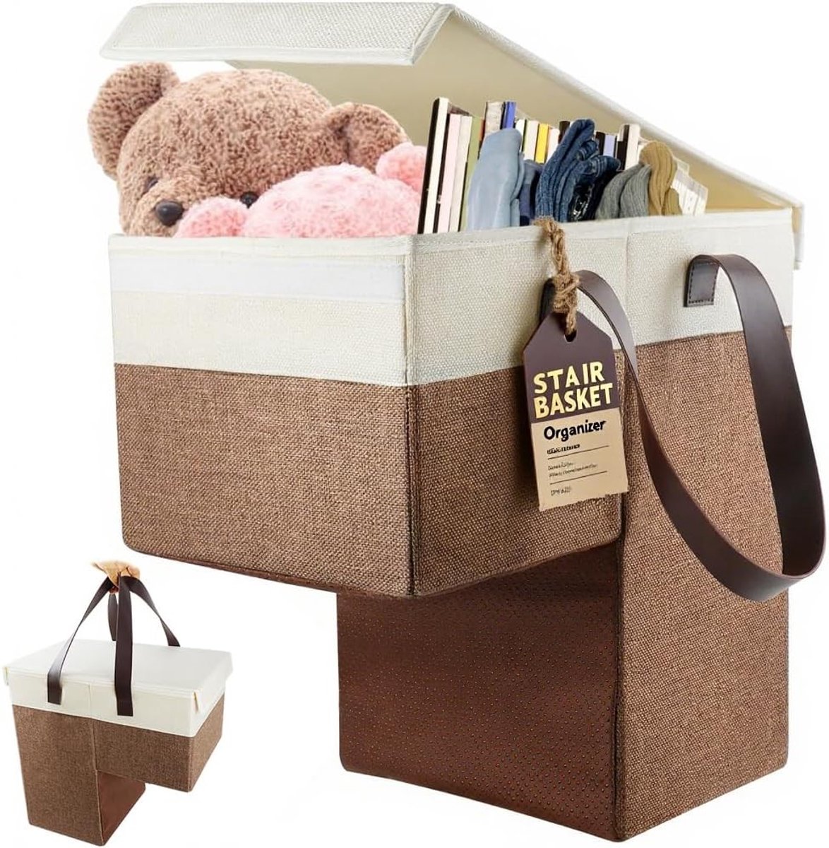 Trapmand - Bruin - 40,6 x 25,4 x 40,6 cm - Linnen Opvouwbare Opbergmand met Handvat - Voor Thuisgebruik