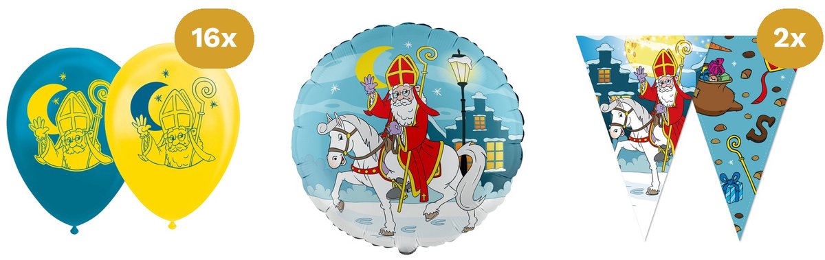 Sinterklaas Versiering Ballonnen & Vlaggenlijn Set - 16x Ballonnen, Folieballon 18" & 2x Vlaggenlijn 10m - Decoratieset