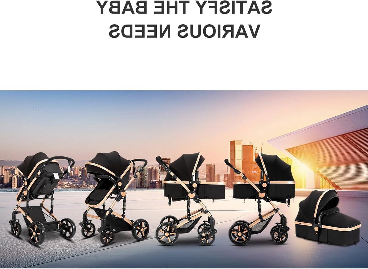 Kinderwagen Trio - Babyvervoer - Comfortabel Reizen - Omkeerbaar en Opvouwbaar - 4 Wiel - Zwart Goud