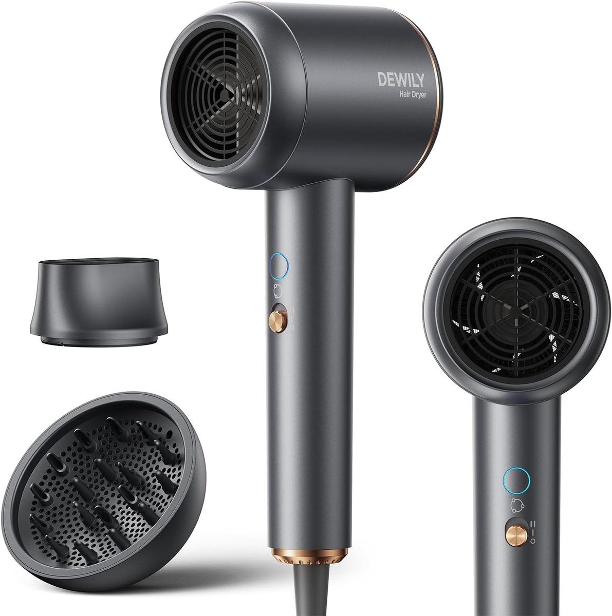 Haardroger met Diffuser - Grijs - 1800 W - Sneldrogende Reisföhn met 2 Snelheden en 4 Temperatuurinstellingen - Voor Krullen