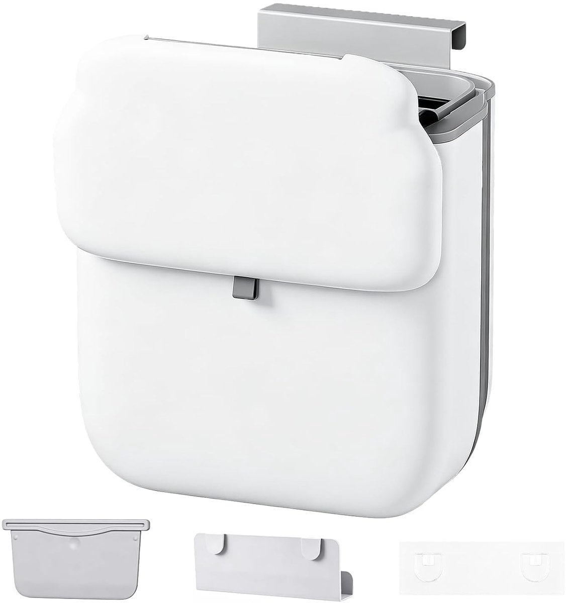 SnelShoppen - Hangende Afvalemmer met Deksel, 9 Liter Vouwbare Prullenbak, Wandgemonteerde Keukenafvalbak voor Keuken, Kamperen, RV, Geen Boren (Wit)