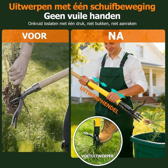 Onkruidsteker met Lange Steel - 4 RVS Klauwen - Uitwerpsysteem - 109 cm - Wieden Zonder Bukken — afbeelding 2