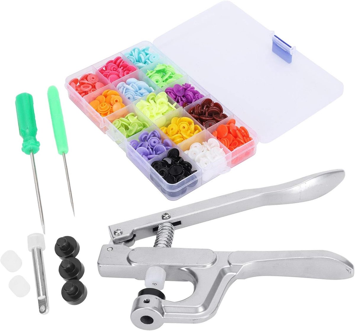 Complete Drukknopen Kit met Ponsmachine en Handperstang voor Duurzaam Naaien en Borduren van Kledingaccessoires, Multi Size Gereedschapsset voor Doe-het-zelf Ambachten
