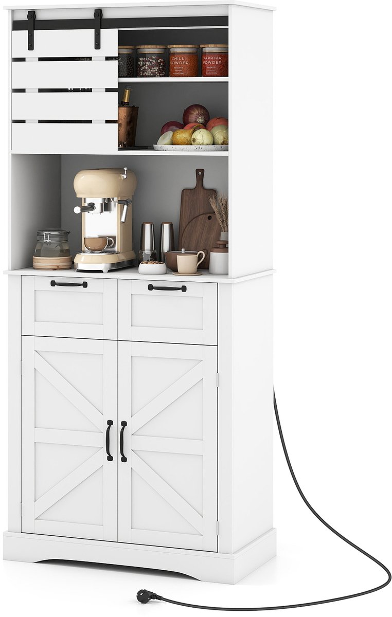 COSTWAY Houten keukenkast, Buffetkast met stopcontact, 2 deuren, 2 laden & werkblad, Hoge kast Voorraadkast, Opbergkast voor keuken & woonkamer, 80 x 40 x 180 cm, Wit