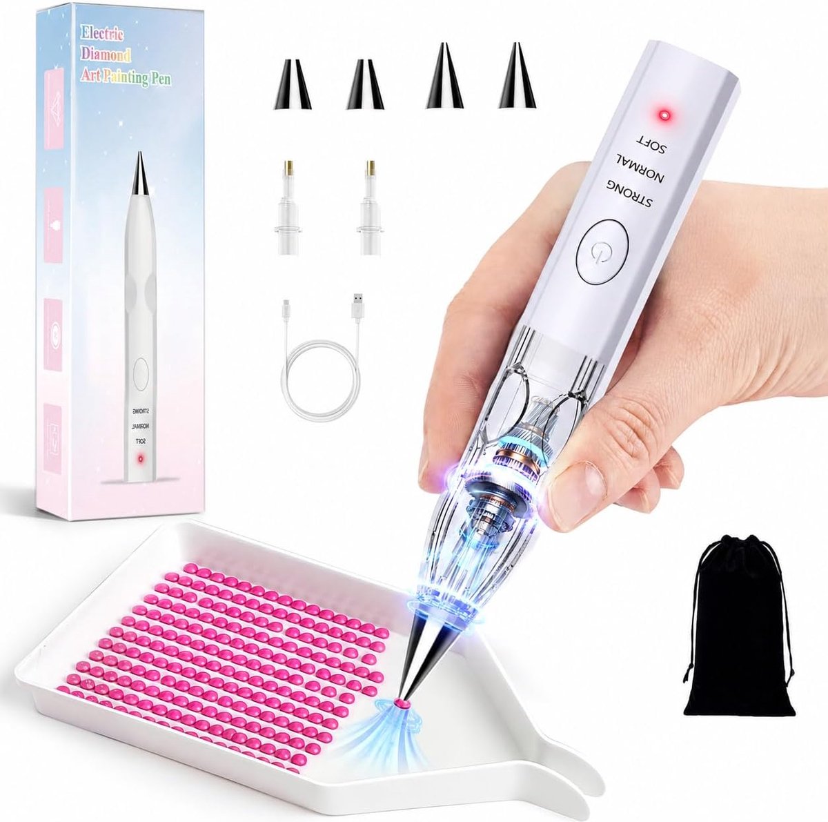 Elektrische Diamond Painting Pen met Vacuümtechniek - Zonder Wax - USB-C Oplaadbaar & Draadloze - 3 Standen & 4 Zuigmonden - 5 Uur Accu - Voor Ronde en Vierkante Steentjes - Wit - SOLLBRY®