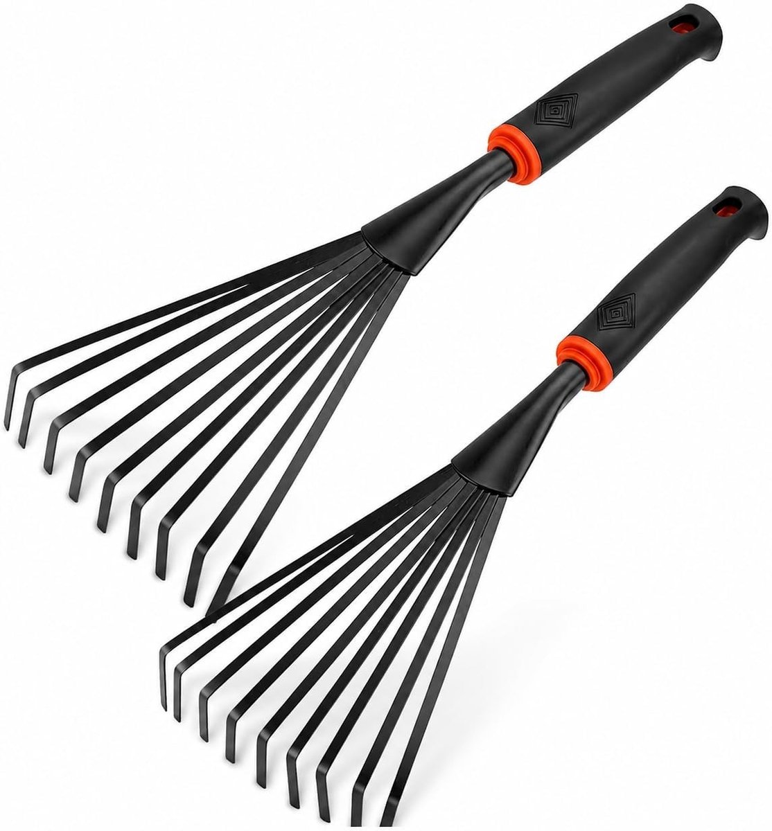Kleine Handhark - Zwart en Oranje - 36,5 cm - Metalen Waaierbezem met Ergonomische Antislip Handgreep - Voor Tuinliefhebbers