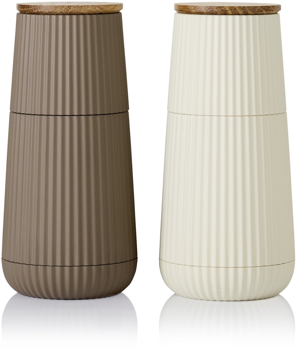 AdHoc Scape Peper- en Zoutmolenset – Licht & Donker Beige – Handmatig – Keramisch Maalwerk – Verstelbare Pepermolen & Zoutmolen – Modern Design – 12,3 cm