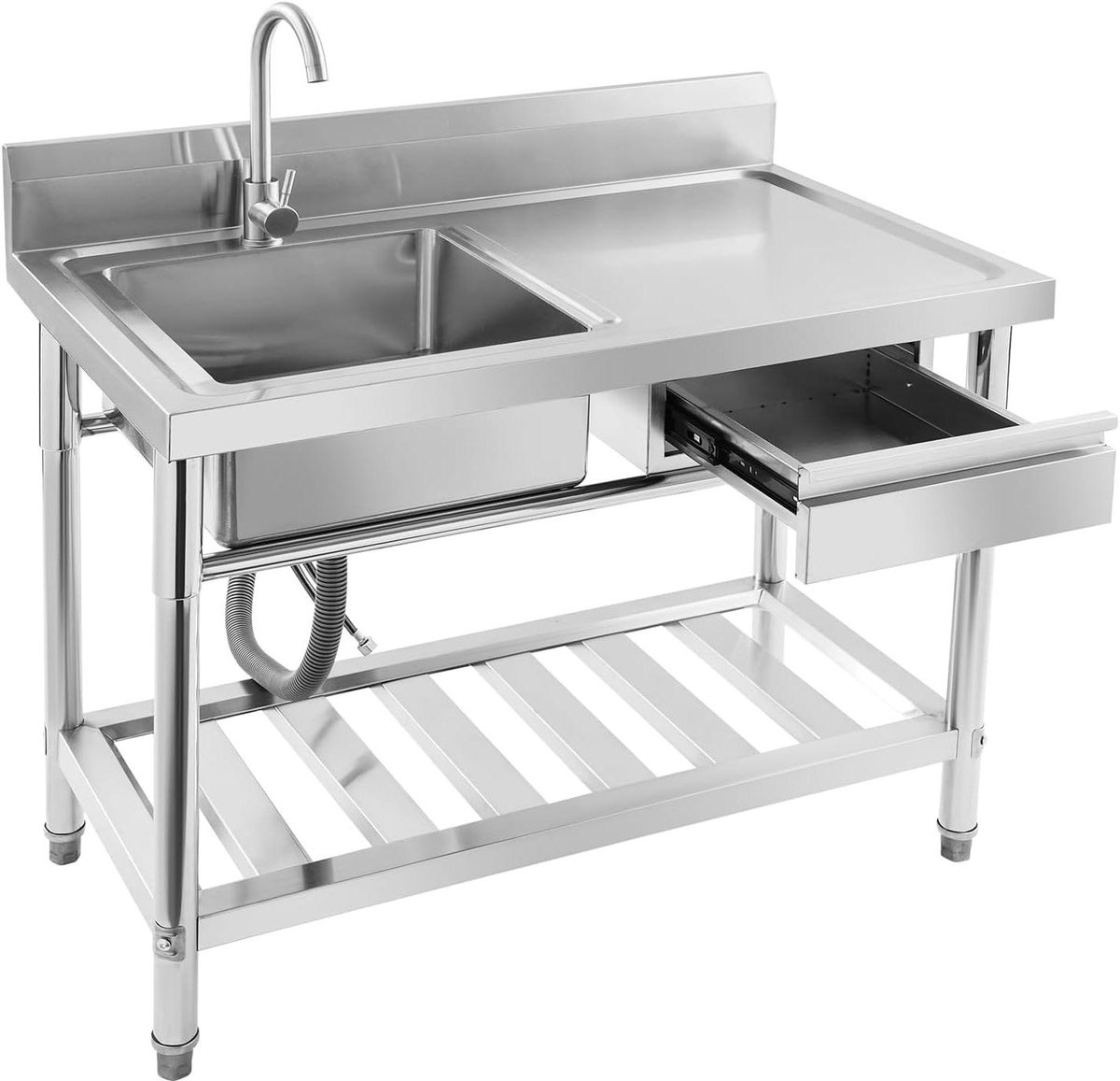 Roestvrijstalen Spoelbak - Keuken Gootsteen - Hygiënisch Werken - Met Lade en Plank - 100 x 60 x 80 cm