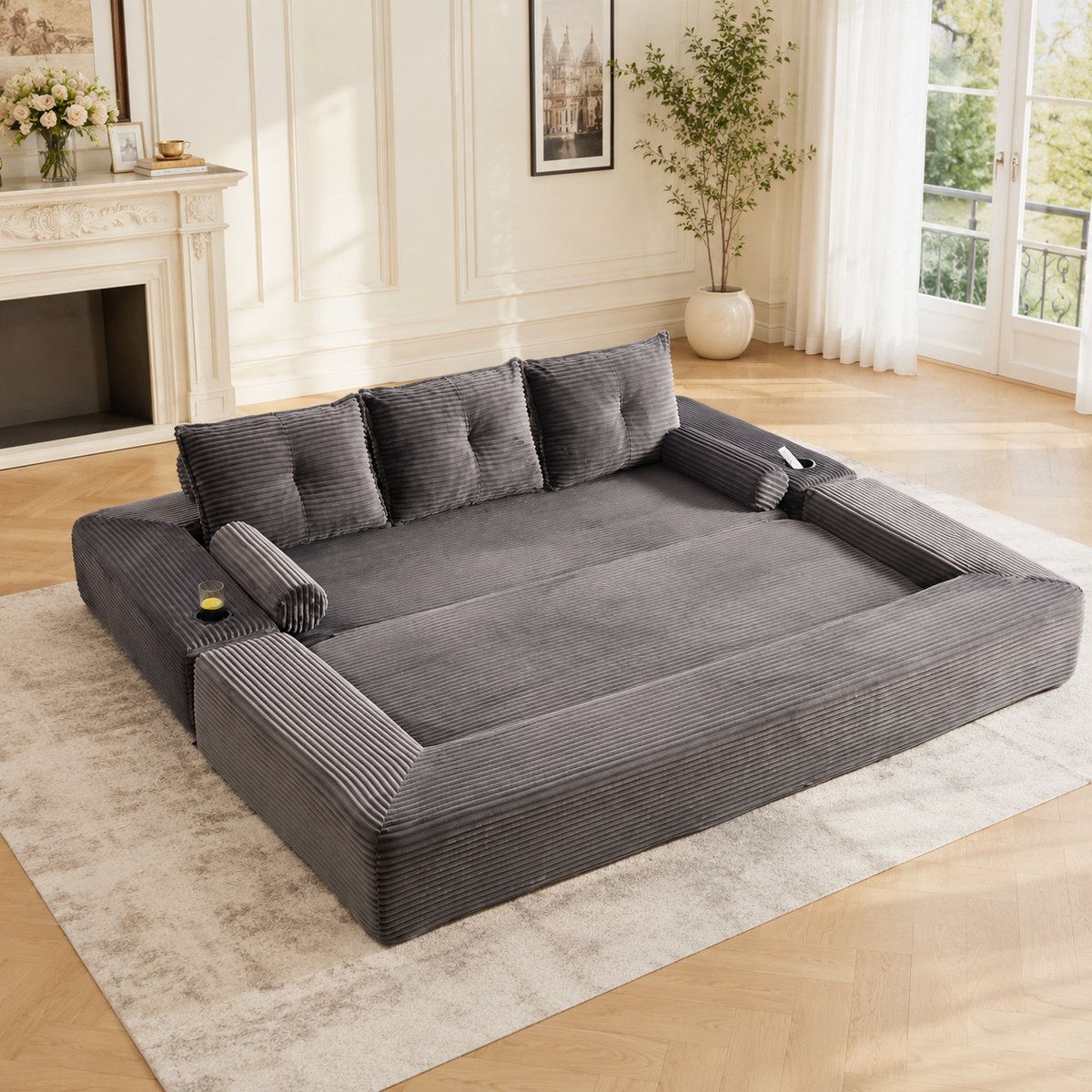 Wishdor Opvouwbare slaapbank - 3-zits - corduroy - met slaapfunctie - zijvakken en bekerhouder - donkergrijs - 232 x 98 x 80 cm