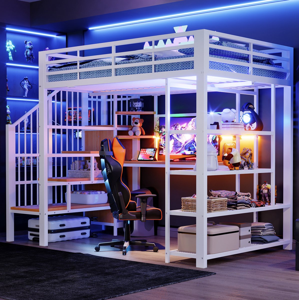 Wishdor Hoogslaper 140x200 cm - Met bureau en opbergruimte - Trap met opbergruimte - ledverlichting en stopcontact - metaal en hout - wit