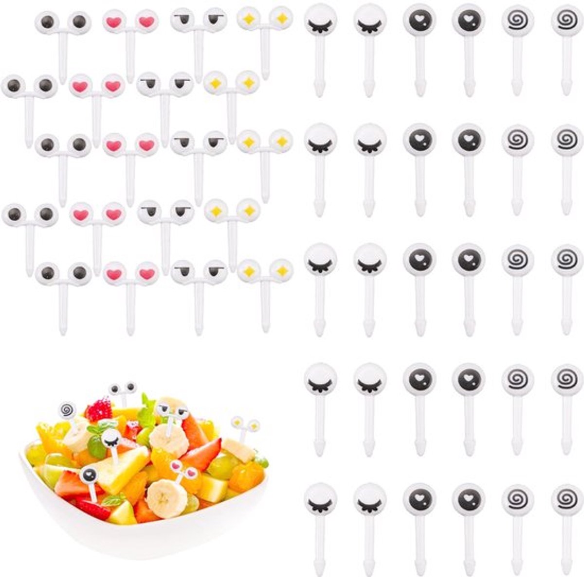 Fruitvork 100 Stuks - Kunststof - Mini-Ogen - Schattige Voedselprikkers - Herbruikbaar - Stimuleert Eetinteresse Kinderen