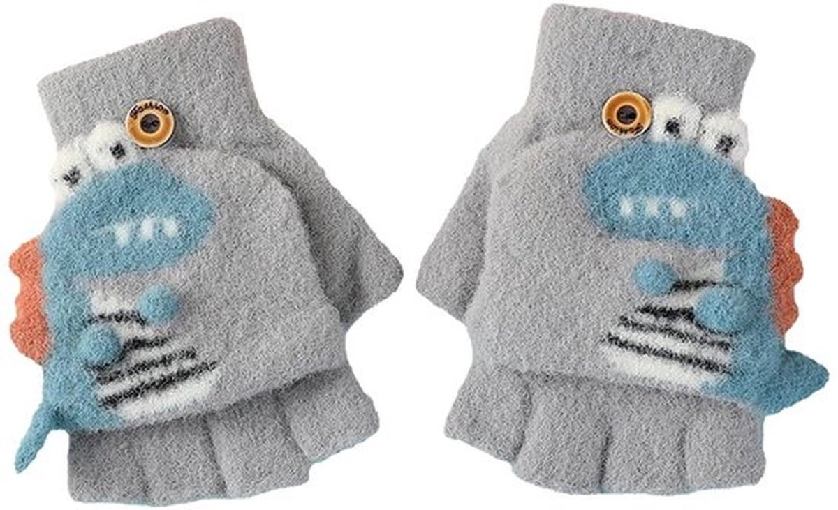 Gebreide Handschoenen Vingerloos - Warme Kinderhandschoenen - Comfortabel en Dikke Materialen - Grijs - 17.8x15.3x4.7cm - Met Knopen - Vingerloze Handschoenen