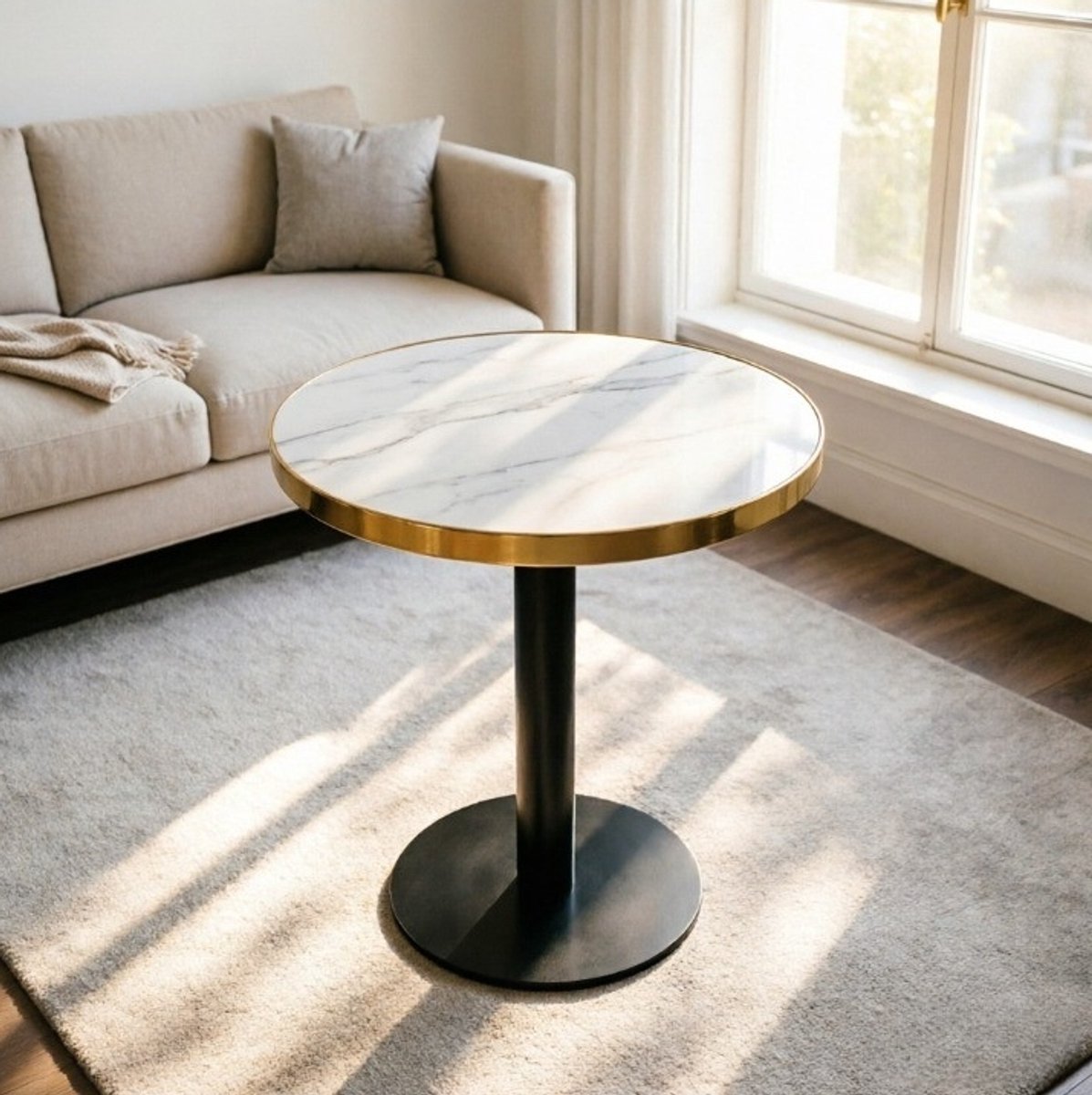 Wishdor Ronde bijzettafel - modern - marmerlook - goudkleurige rand - MDF - wit - zwarte voet - Ø 60 cm
