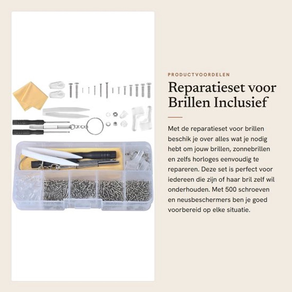Reparatieset 500 roestvrijstalen schroeven - Neusbeschermers - Pincet - Schoonmaakdoek - Multifunctionele schroevendraaier - Voor brillen en horloges - Brillenreparatieset